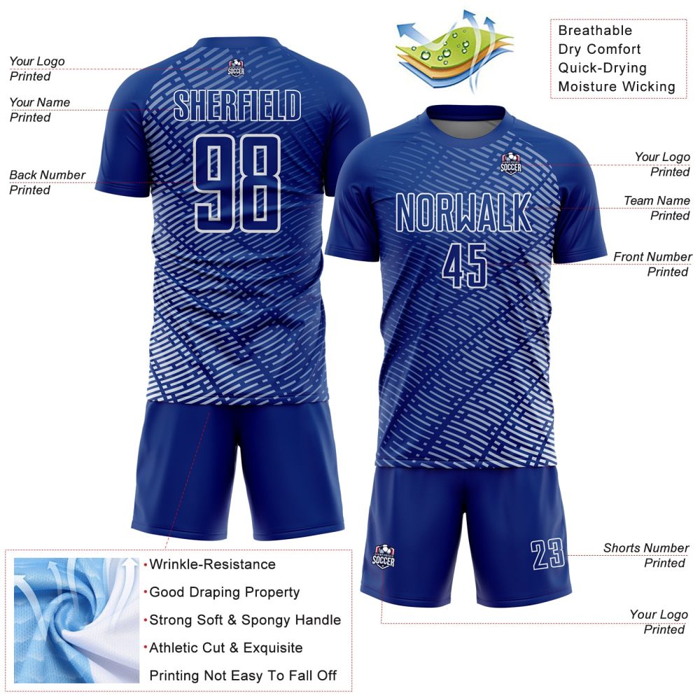 Custom Royal White Stripe Line Sublimation Soccer Uniform Jersey