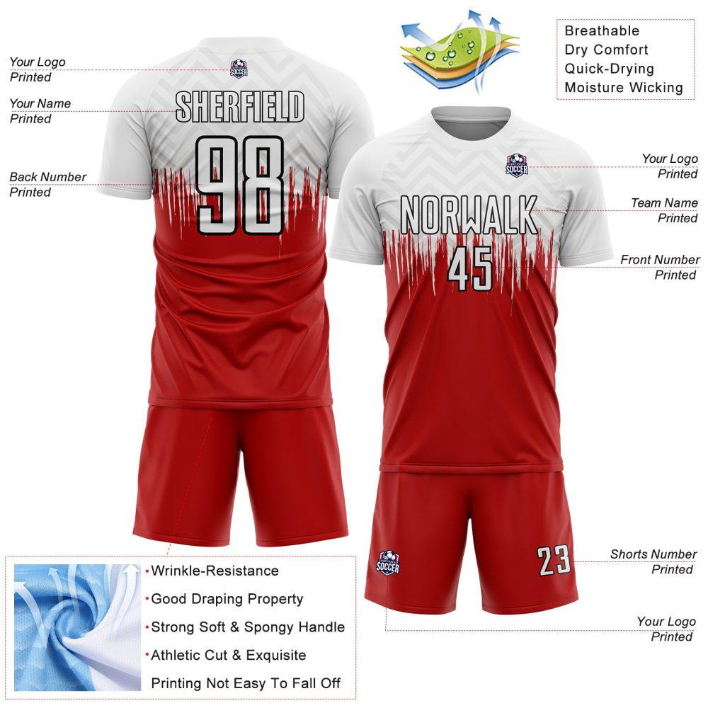 Custom White Red-Black Gradient Dripping Splatter Art Sublimation Soccer Uniform Jersey
