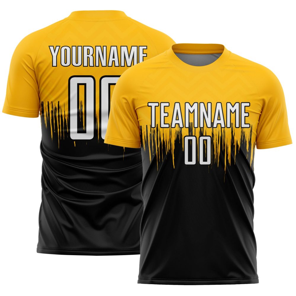 Custom Gold White-Black Gradient Dripping Splatter Art Sublimation Soccer Uniform Jersey