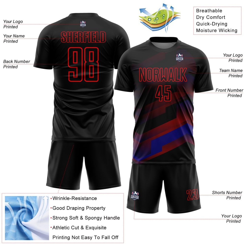 Custom Black Fire Red Gradient Arrow Geometric Shapes Sublimation Soccer Uniform Jersey