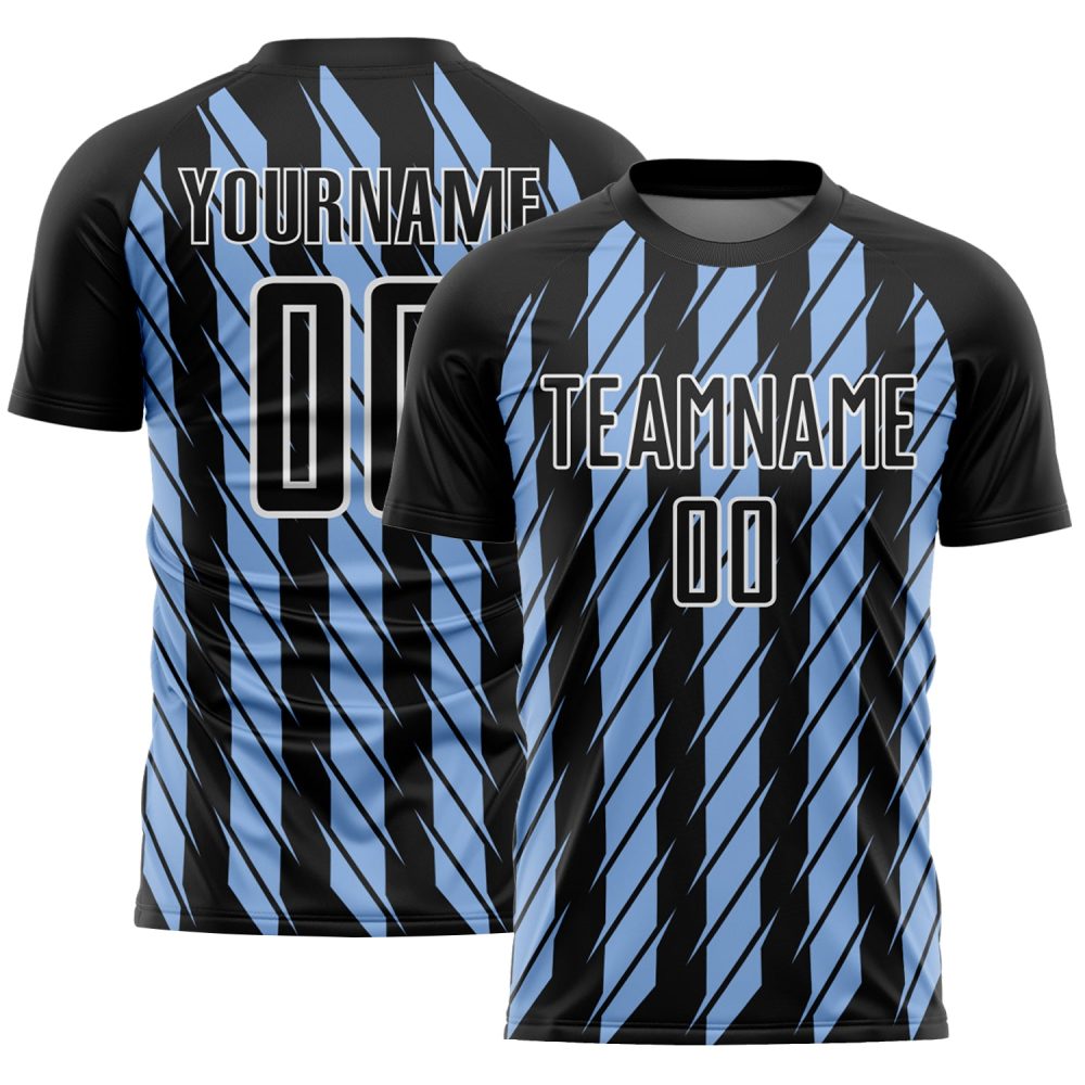 Custom Black Light Blue-White Stripe Line Sublimation Soccer Uniform Jersey