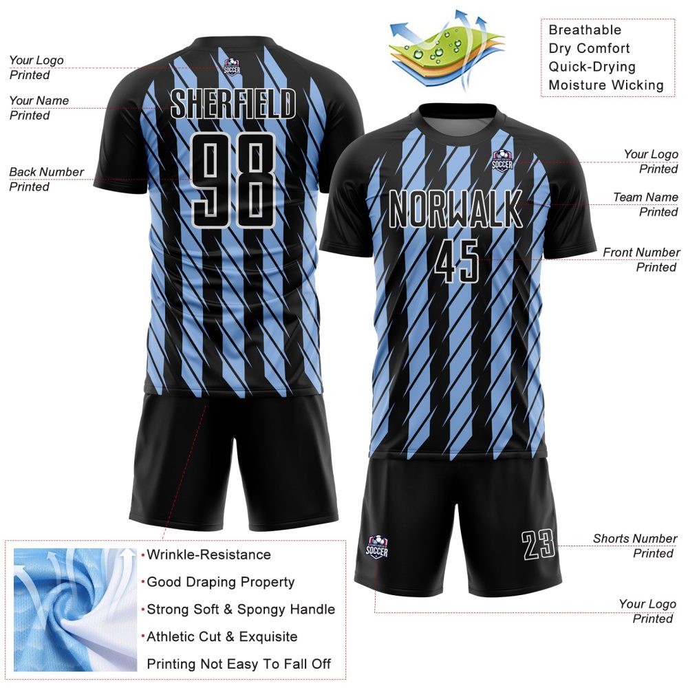 Custom Black Light Blue-White Stripe Line Sublimation Soccer Uniform Jersey