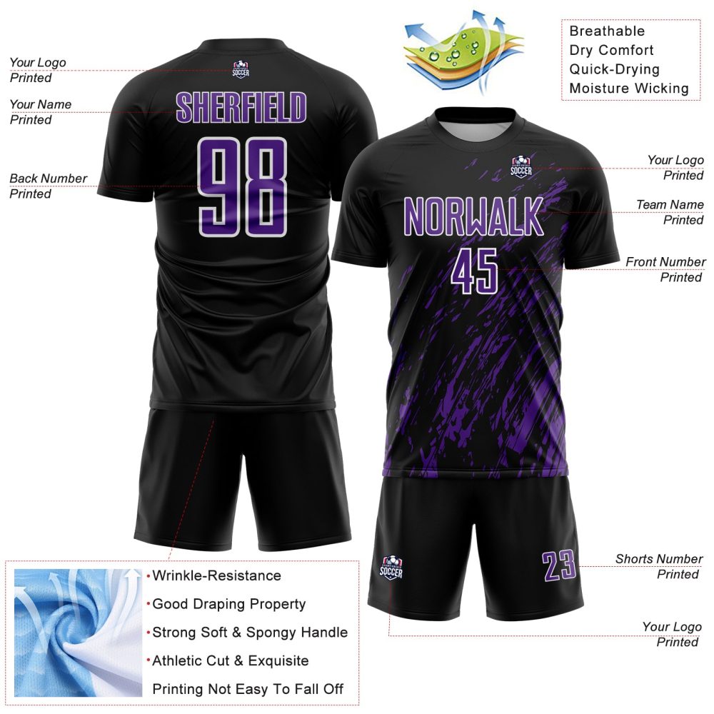 Custom Black Purple-White Splash Sublimation Soccer Uniform Jersey